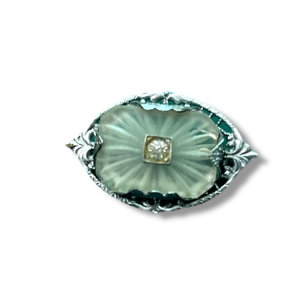 old vintage camphor glass Art Deco filagree oval brooch pin bridal beauty jewel